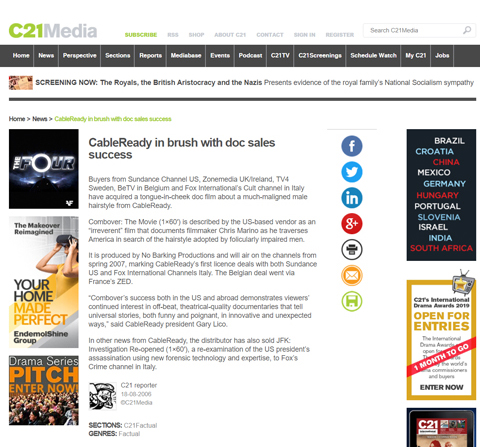 C 21 Media article on Combover: the Movie garnering worldwide distribution