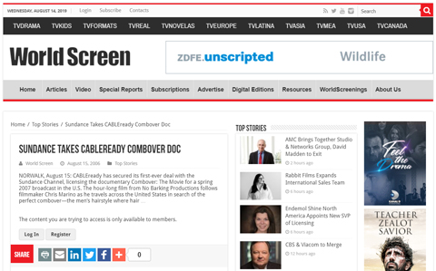 World Screen announcment of Sundance Channel licensing Combover: the Movie